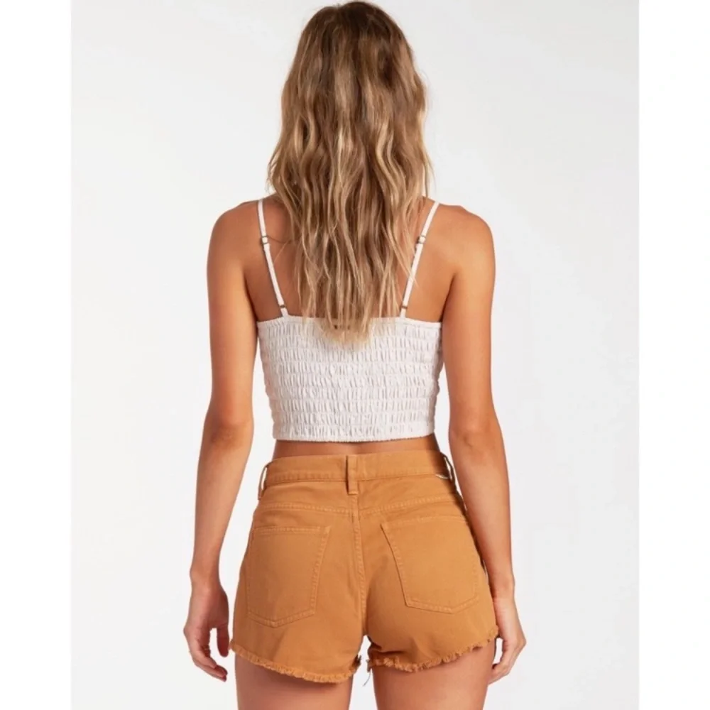 Billabong Drift Away Denim Frayed High Waist Brown Shorts in Canyon Brown